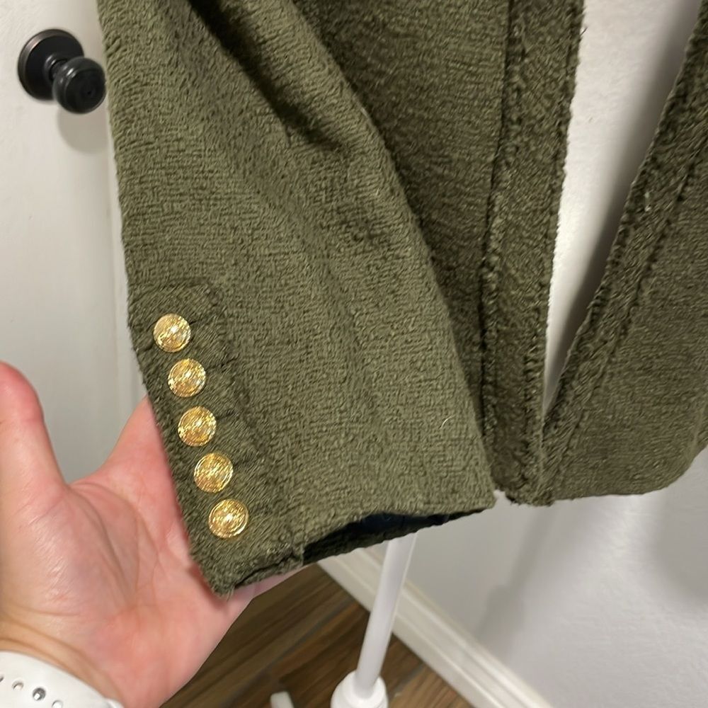 Zara Khaki Green Textured Open Front Blazer Gold Buttons Shoulder Pad Size Large - Picture 4 of 10